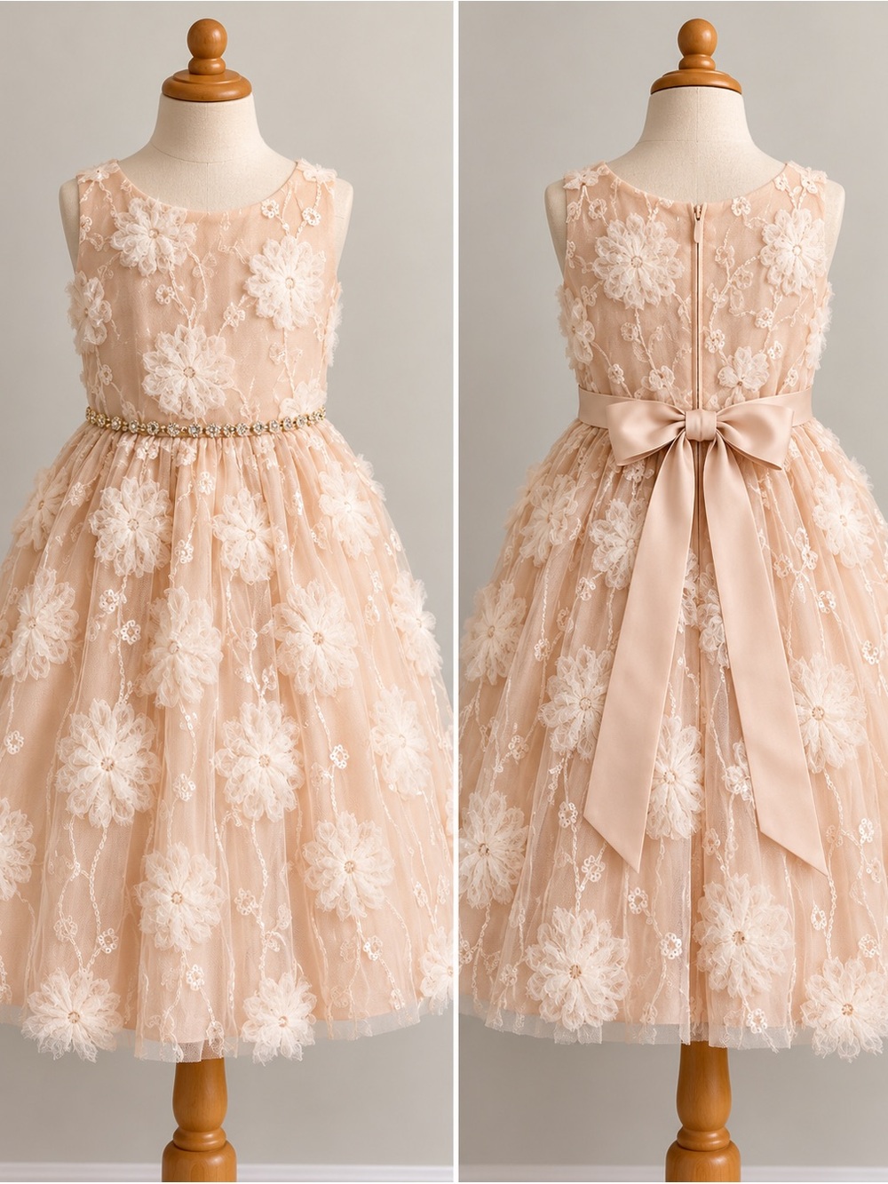 Girls Size 8 Champagne Floral Tulle Formal Flower Girl Dress